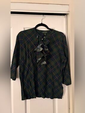 Ralph Lauren Navy and Green Plaid Ruffle-Neck Blouse
